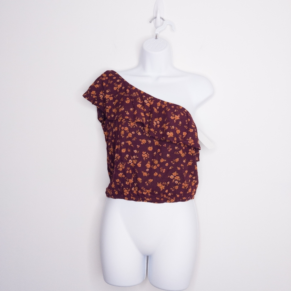Nordstrom Women's One Shoulder Floral Top Extra Small Burgundy Shirt